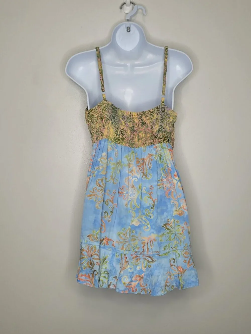 Tan blue mixed print artsy boho babydoll vacation mini dress